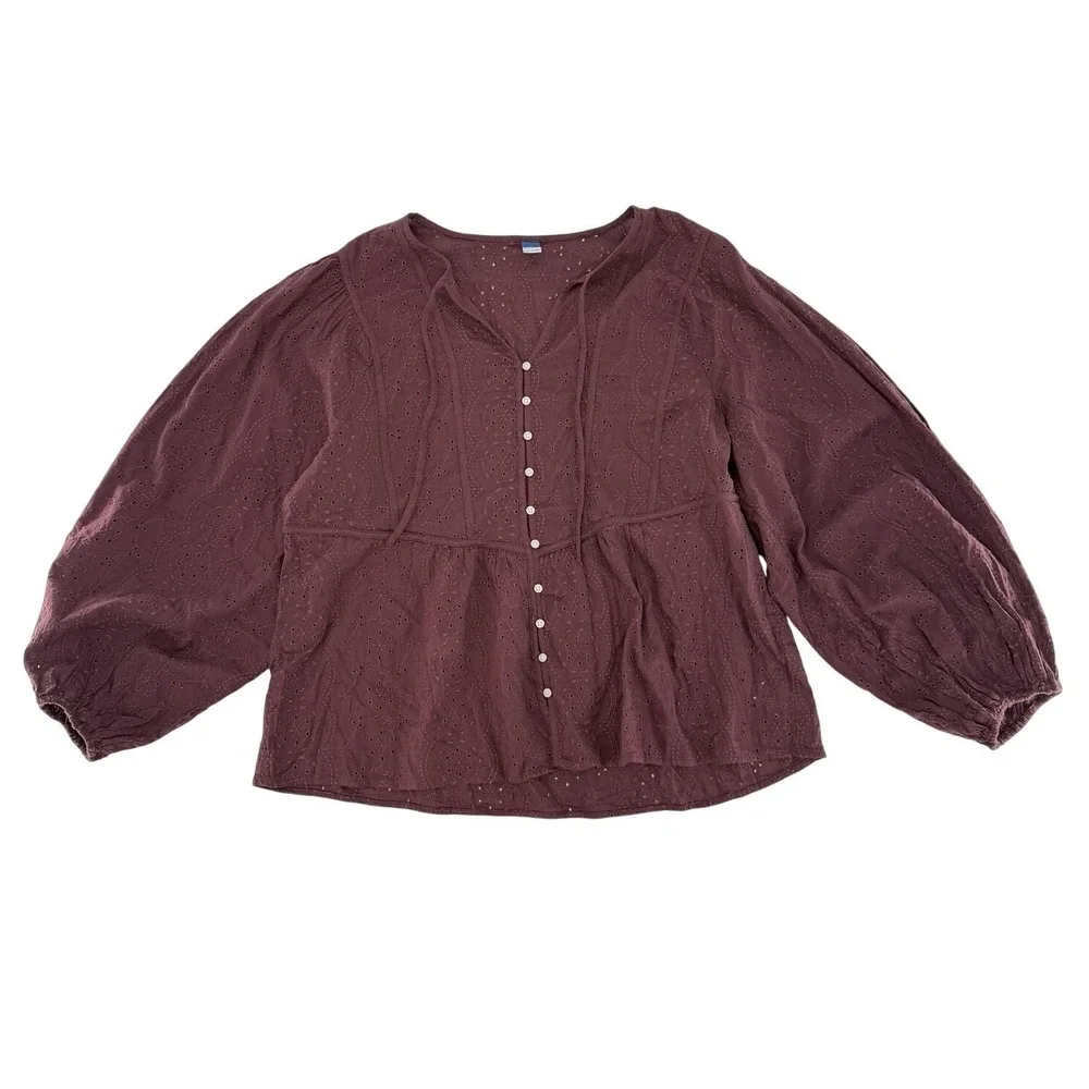 Old Navy Women's Maroon Eyelet Puff Sleeve Blouse XL‎ Boho Peasant Festival